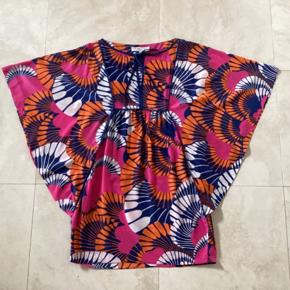 Trina Turk Dress 100% Silk Multicolor Kaftan Tunic Mini Dress Square Tie Neck - Picture 5 of 11